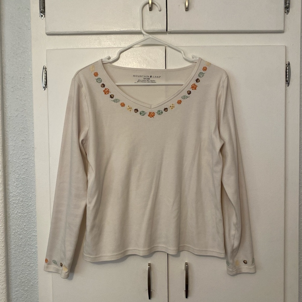 Mountain Lake Cream Long Sleeve Top with Floral Accents